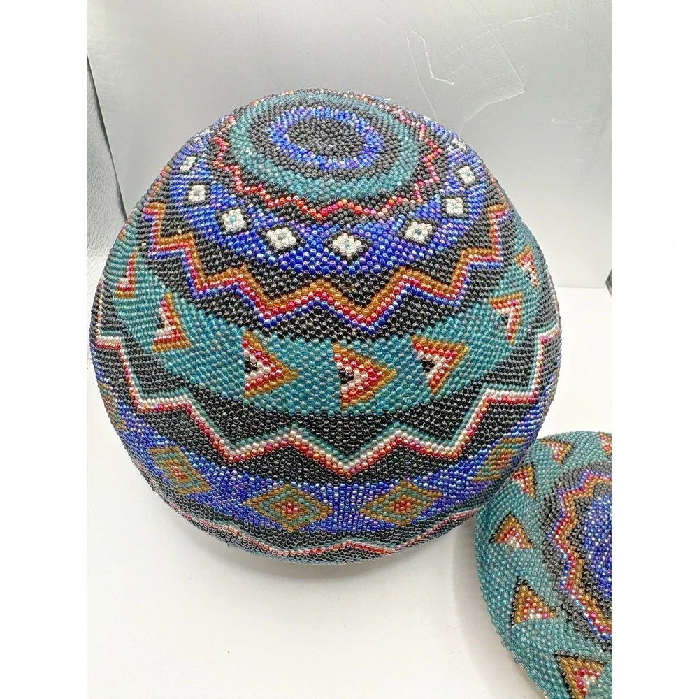 Indonesian Hand Beaded Woven Folk Art Blue Green Geometric Design Basket Lid 7